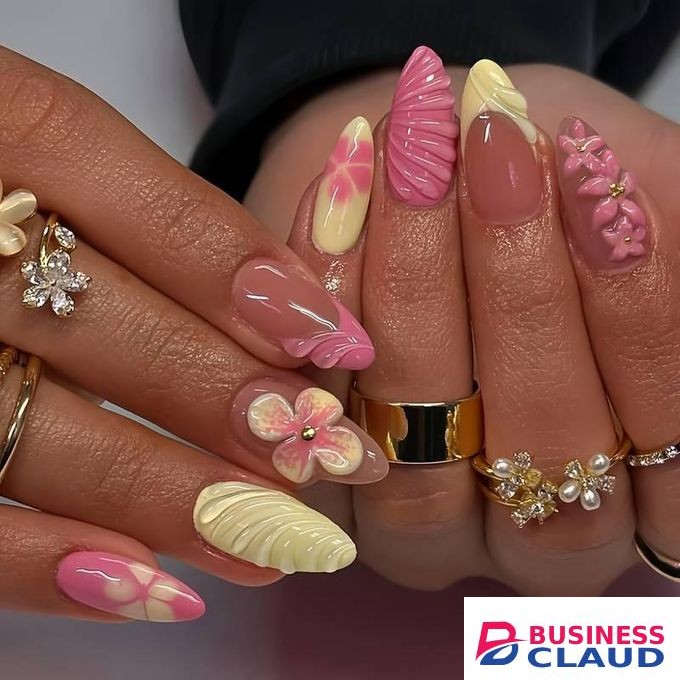 3D floral nail stickers, almond-shaped false nails, women's wearable nails