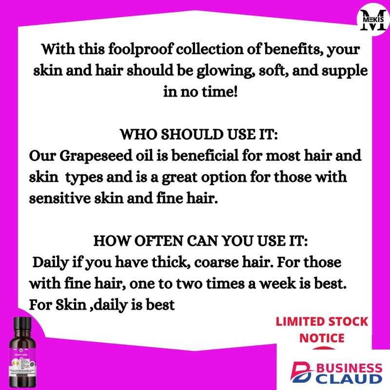 Mekis Grape Seed Oil- 30ml,Light Weight, Easily Absorbed