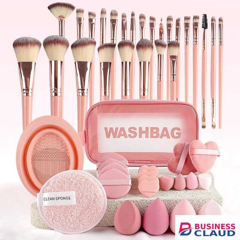 46 Pieces Makeup Bag with 25 Makeup Brushes and Powder Puffs for Travel Before and After Makeup