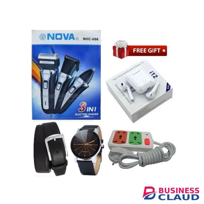 Nova NHC-666 3 In 1 Electric Shaving Machine/Shaver + Free Watch, i12TWS Earbuds,2 Way Power Extension Cable & Men Belt