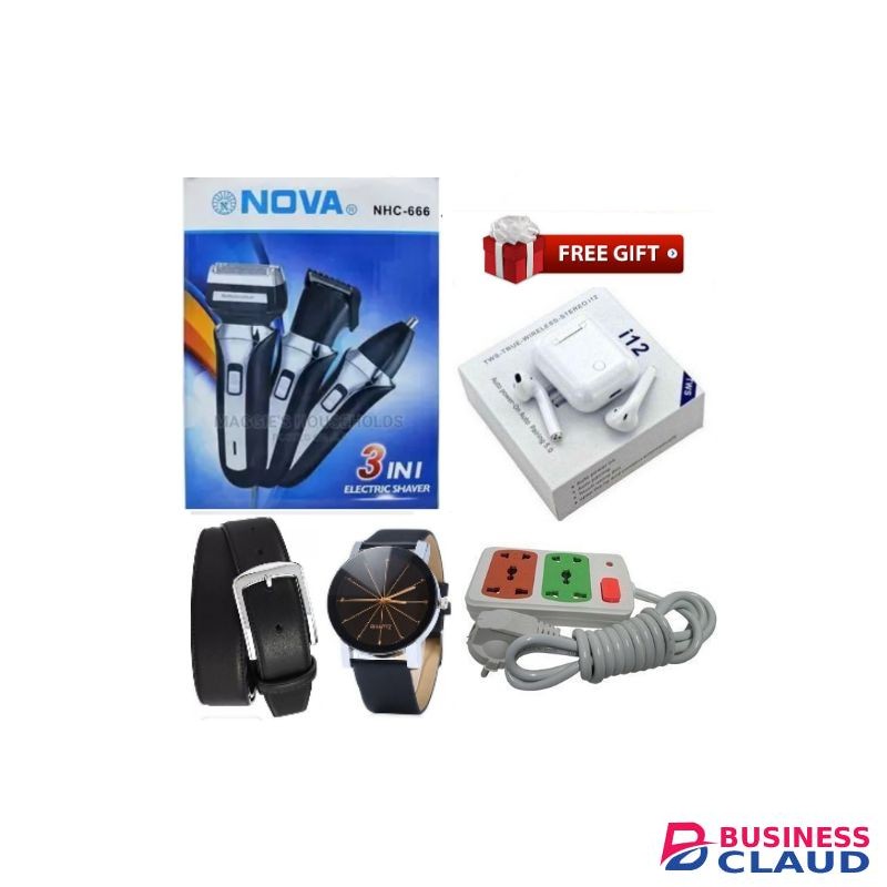 Nova NHC-666 3 In 1 Electric Shaving Machine/Shaver + Free Watch, i12TWS Earbuds,2 Way Power Extension Cable & Men Belt