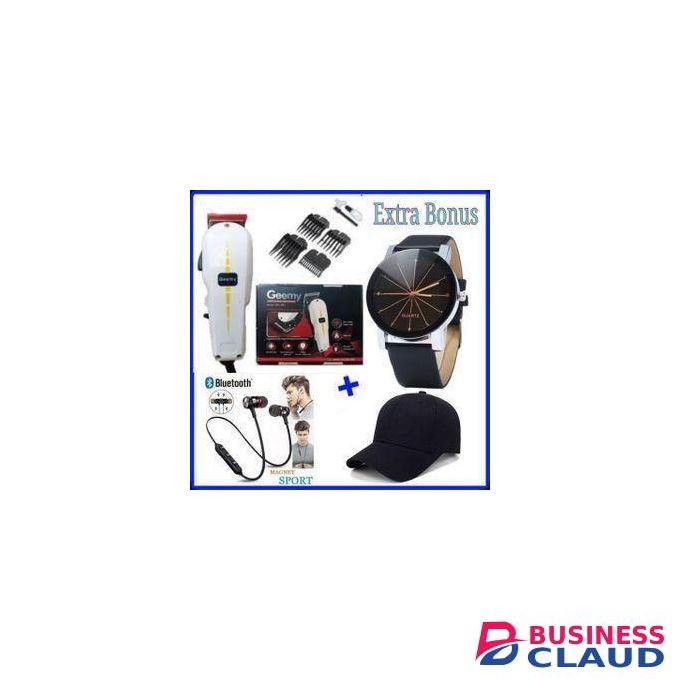 Geemy Professional Shaving Machine+Cap+Watch+Bluetooth Earphones.