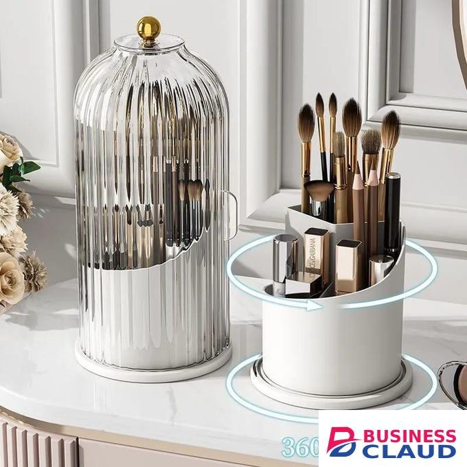 360 Degree Rotating Makeup Brushes Holder With Lid Luxury Cosmetic Organizer Storage Box For Lipsticks Eyebrow Pencils Eye Shadow And Other Beauty Essentials Elegant Design For Vanity And Travel