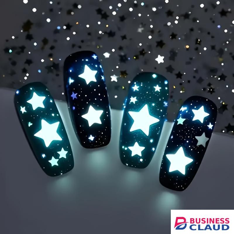 General 5 pcs Hybrid Glow-in-the-Dark Nail Stickers - Glow In Black/No Glue Required, Star (with Moon) Easy Decoration, Floral Pattern, Glossy Effect, Nail Stickers & Decals