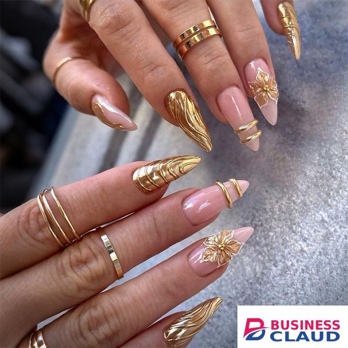 24 pieces of gold European and American three-dimensional wearing armor flower nail art pieces, simple and detachable wearing armor