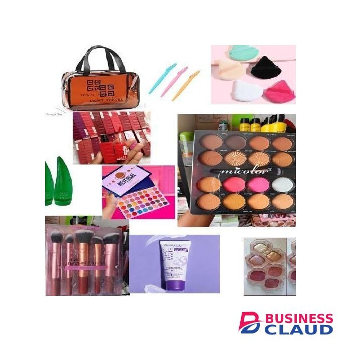 Full Makeup Kit Set, Micolor Blush Powder Palette, Powder Puff, Reversal Eyeshadow Palette, Rimmel Primer, Lipstick, Trimmer, Blush, Highlighter, Makeup Brushes Set + Free Makeup Bag