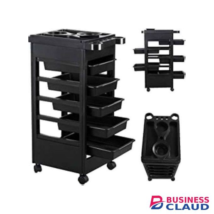 Multilevel Black Beauty Salon Trolley With 5 Drawers Trolley PVC - Durable Rolling Salon Trolley For Salons And Beauty Stations