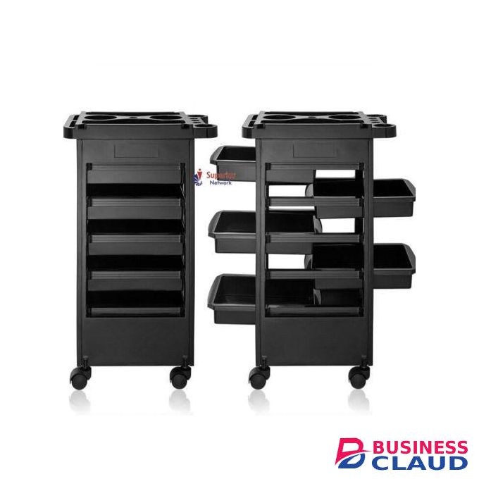 Multilevel Black Beauty Salon Trolley With 5 Drawers Trolley PVC - Durable Rolling Salon Trolley For Salons And Beauty Stations