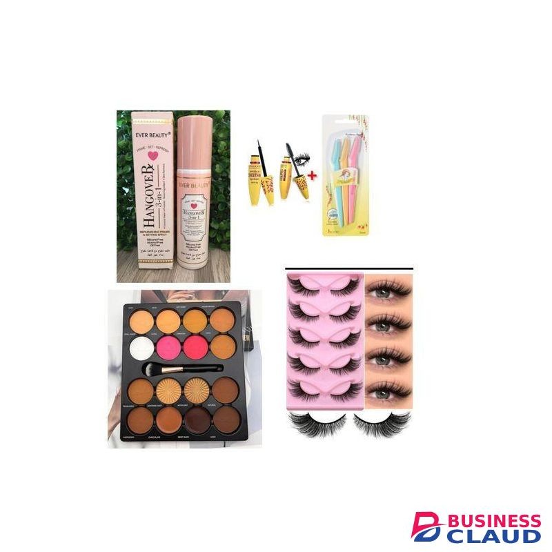Women Essential Makeup kit set- Micolor contour palette, 5pcs Eyelashes, Hangover setting spray, Mascara, Eyeliner, Eyebrow trimmer + FREE Makeup BAG