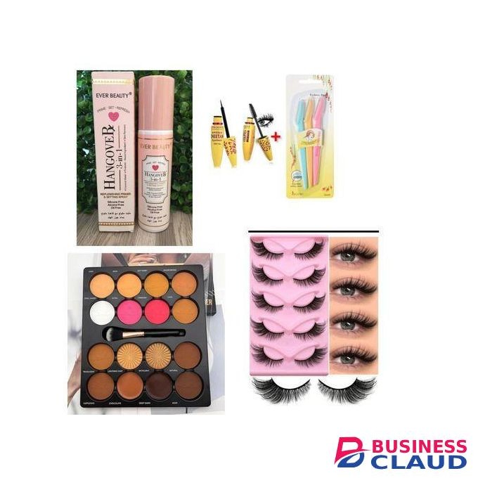 Women Essential Makeup kit set- Micolor contour palette, 5pcs Eyelashes, Hangover setting spray, Mascara, Eyeliner, Eyebrow trimmer + FREE Makeup BAG