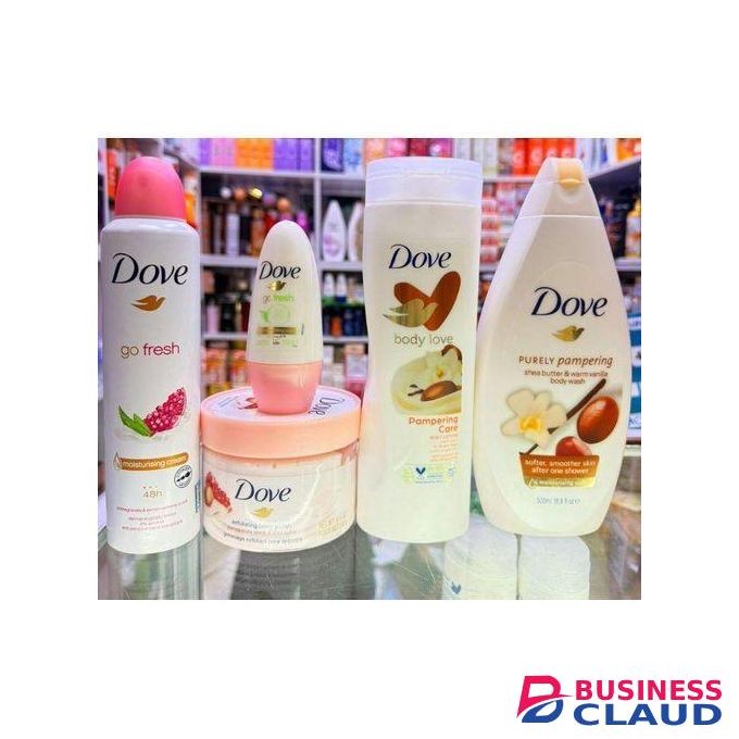 Dove Best 5 in 1 SELFCARE PACKAGE!!! Purely Pampering Body Wash + Pampering Lotion + Beauty finish deo spray + Pomegranate body scrub + ( FREE Roll on )
