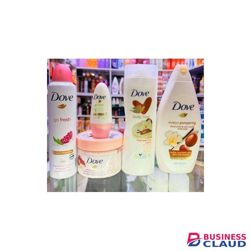 Dove Best 5 in 1 SELFCARE PACKAGE!!! Purely Pampering Body Wash + Pampering Lotion + Beauty finish deo spray + Pomegranate body scrub + ( FREE Roll on )