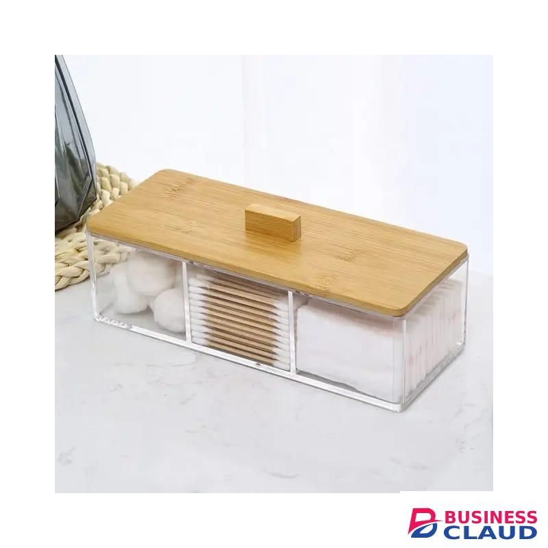 3 Compartment Acrylic Makeup Organizer for Cosmetics Cotton Pads and Swabs Jewelry Storage Box with Bamboo Lid Durable Transparent Design Sleek Home Vanity Organizer for Bedroom and Bathroom