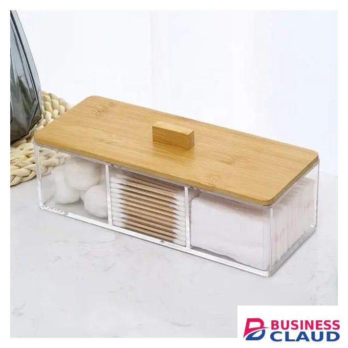 3 Compartment Acrylic Makeup Organizer for Cosmetics Cotton Pads and Swabs Jewelry Storage Box with Bamboo Lid Durable Transparent Design Sleek Home Vanity Organizer for Bedroom and Bathroom