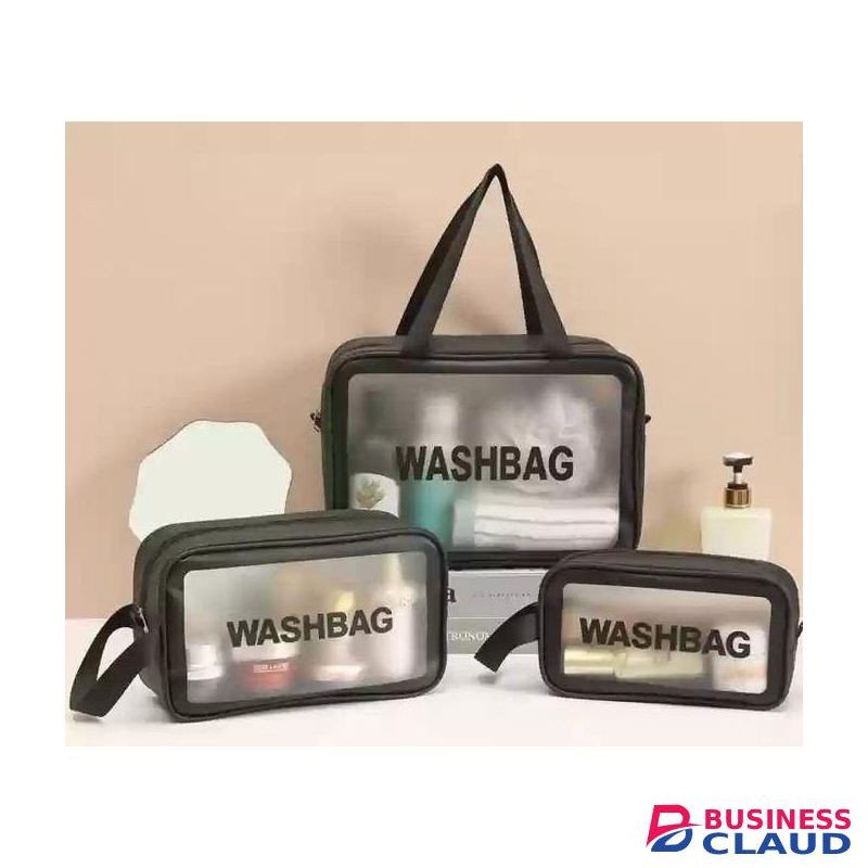 3 Pieces Waterproof Washbag Travel Bag Set Transparent Makeup Toiletry Clear Wash Pouch - Black