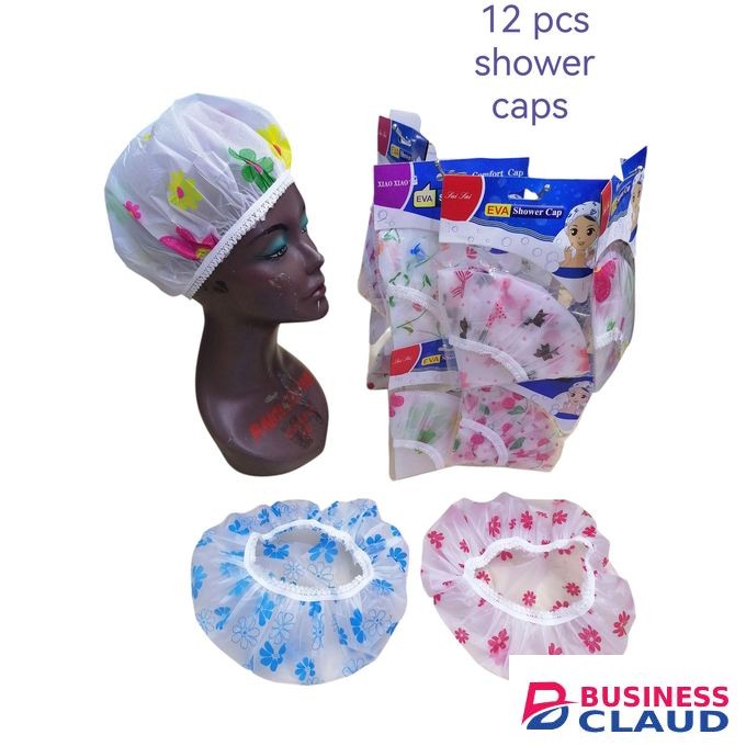 12 pcs waterproof shower caps plastic shower cap bath hair hat with elastic, hair protection - multicolour