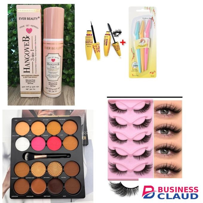 Women makeup kit set -Micolor contour palette, 5pcs Eyelashes, Makeup setting spray, Mascara, Eyeliner, + Eyebrow trimmer + Makeup BAG