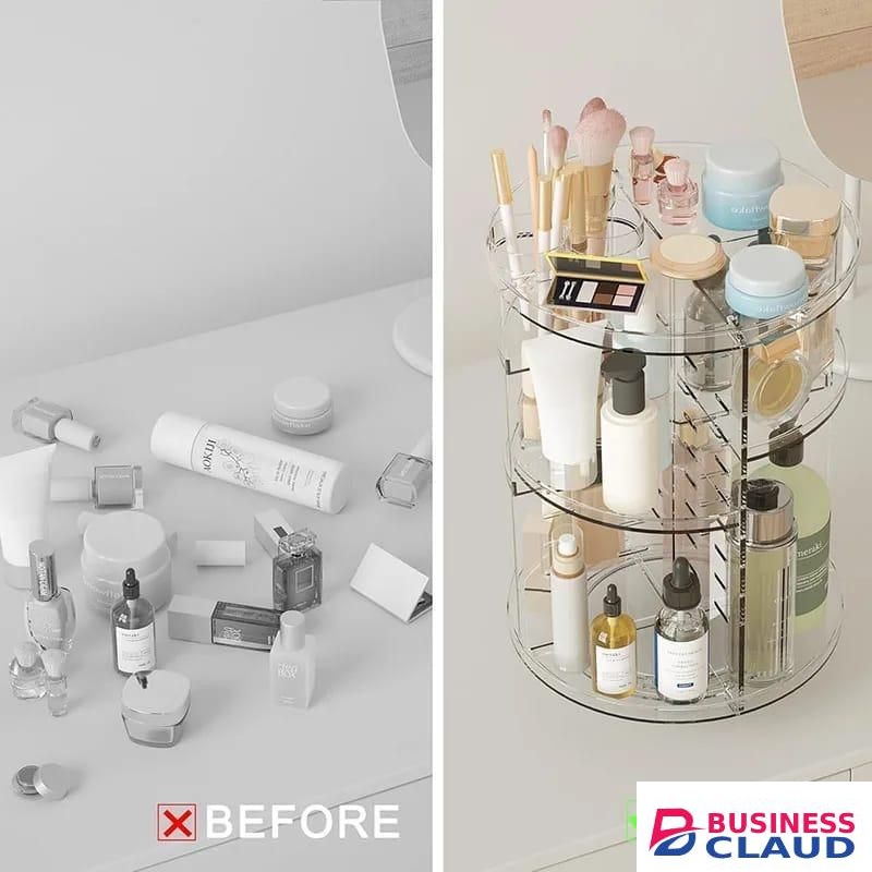 High End Luxury Women's Rotating Makeup Organizer Cosmetic Display Cabinet with Brush Holder Elegant 360 Degree Rotating Design Space Saving Storage for Vanity or Bathroom