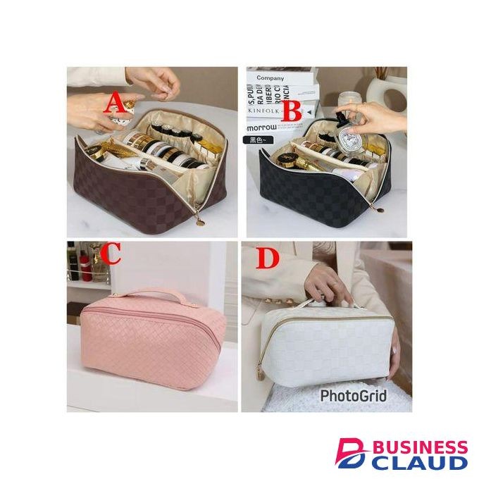 Women Cosmetic Bag Plaid Toiletries Travel Storage Bag PU Leather Portable
