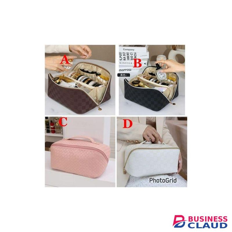 Women Cosmetic Bag Plaid Toiletries Travel Storage Bag PU Leather Portable