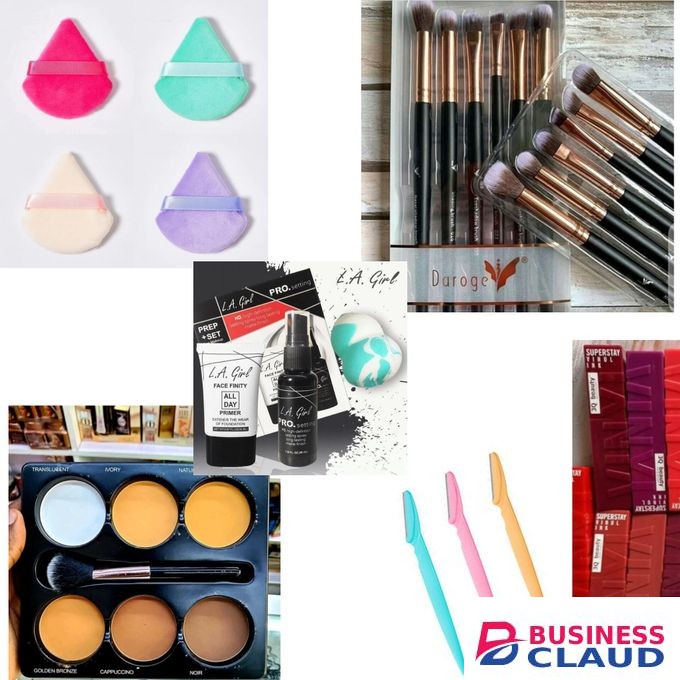 3pcs lipstick, contour palette, eyebrow trimmer, primer, setting spray, beauty blender, powder puff, eyeshadow brushes set