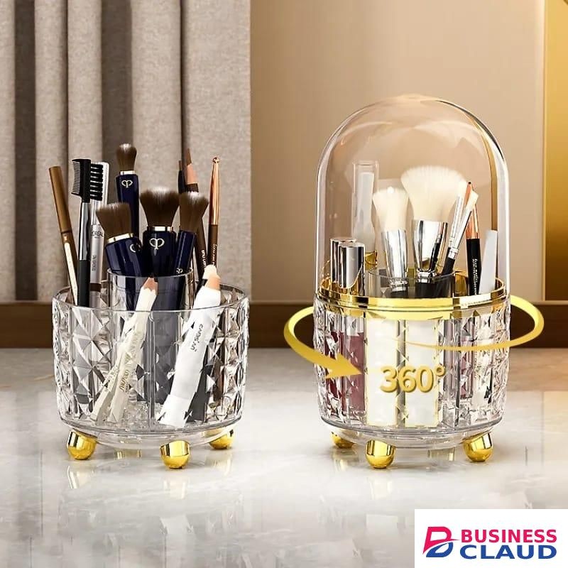 Luxury 360° rotating makeup brushes holder with lid