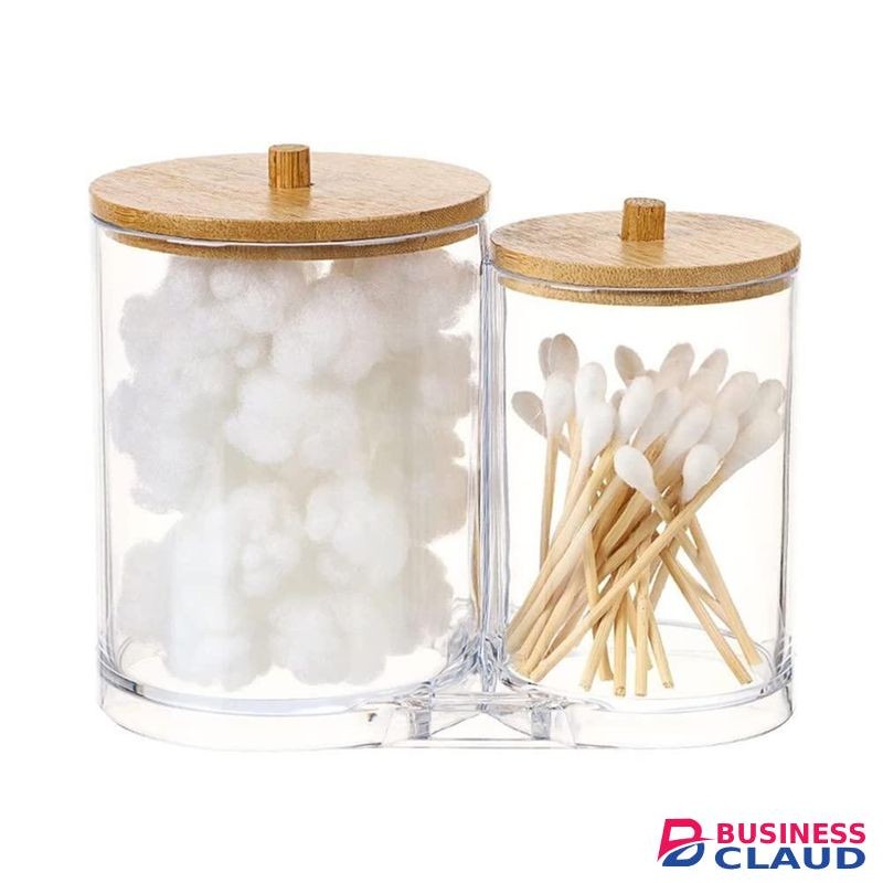 Double Compartment Acrylic Makeup Organizer Cotton Pad Storage Box For Cotton Swabs / Jewelry Organizer with Bamboo Lid