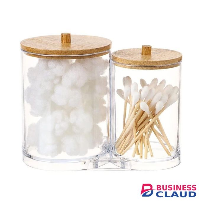 Double Compartment Acrylic Makeup Organizer Cotton Pad Storage Box For Cotton Swabs / Jewelry Organizer with Bamboo Lid
