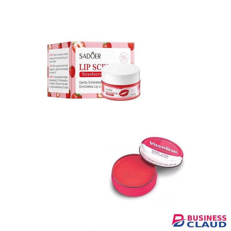 Vaseline 2 in 1 LIPCARE ESSENTIALS: Rosy Lip Balm Therapy + Sadoer Strawberry Exfoliating Lip Scrub