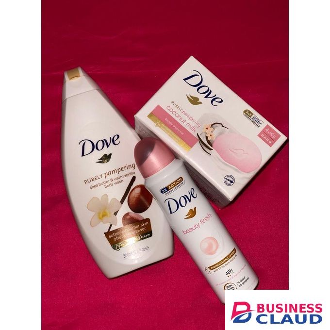 Dove 3 in 1 SELFCARE SET: Purely Pampering Body Wash + Beauty Finish Deo Spray + Coconut Milk Beauty Cream Bar