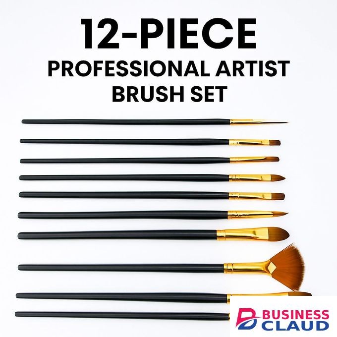 12 Piece Professional Makeup Brushes Set – Flat, Round, Angled & Fan Make up Brushes with Durable Black Handles
