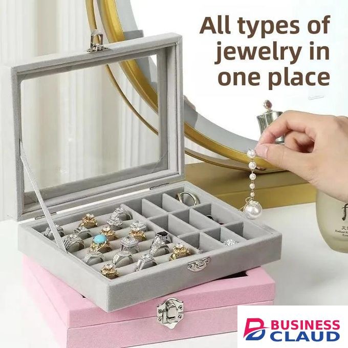 Jewelry Box Organizer with Clear Glass Lid Velvet Jewelry Storage Case for Rings, Earrings, Necklaces, Bracelets, Brooches