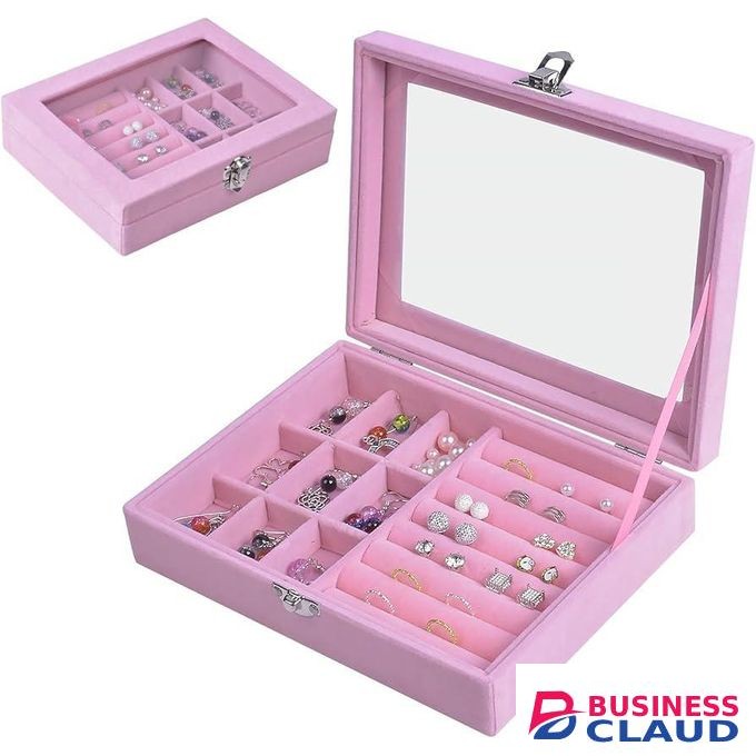 Jewelry Box Organizer with Clear Glass Lid Velvet Jewelry Storage Case for Rings, Earrings, Necklaces, Bracelets, Brooches