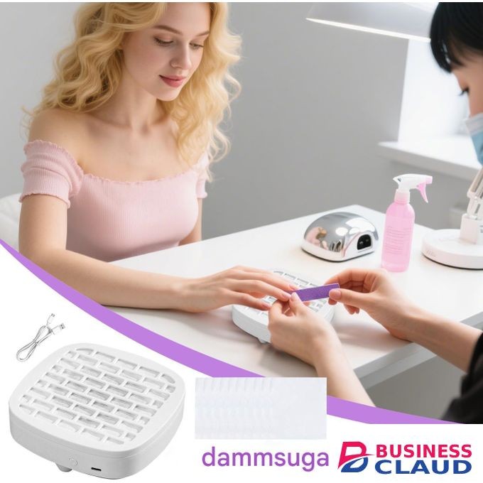 A compact nail dust extraction fan for manicures, featuring a removable paper filter.