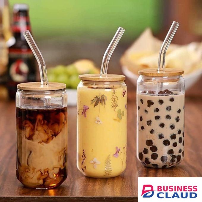 Glass Cup With Bamboo Lid And Glass Straw- 500ml
