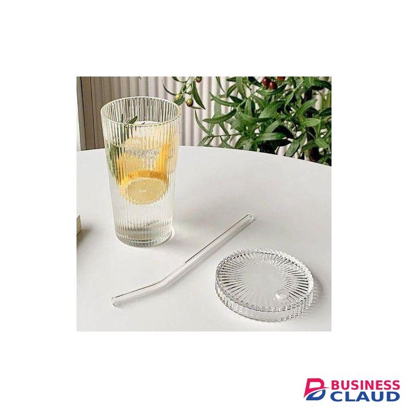 375ML Simple Stripe Glass Cup With Lid And Straw For Smoothies & Beverages