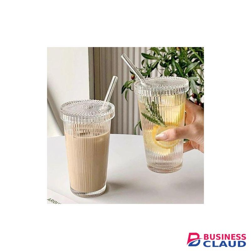 375ML Simple Stripe Glass Cup With Lid And Straw For Smoothies & Beverages