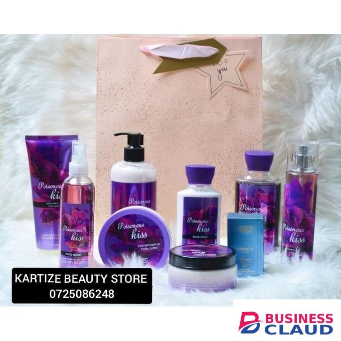 Dear Body Poisonous kiss 8 in 1 Tube cream, body splash, body butter, pump lotion, scrub,hand lotion, shower gel, body mist free 15ml perfume , gift bag and a bath glove