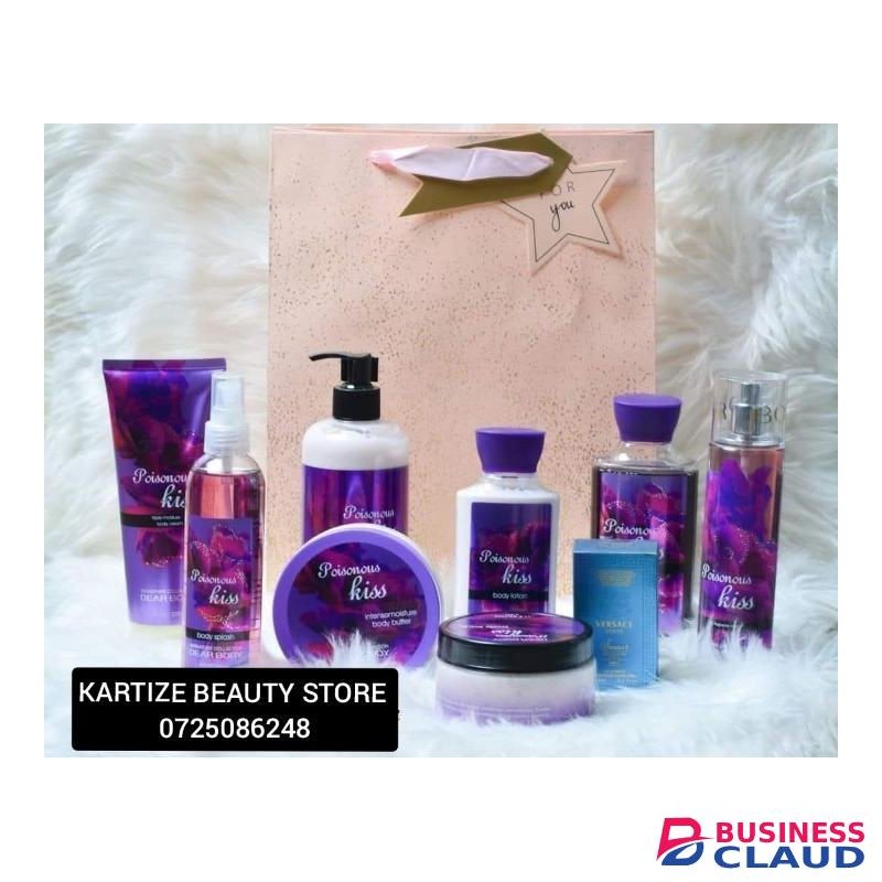 Dear Body Poisonous kiss 8 in 1 Tube cream, body splash, body butter, pump lotion, scrub,hand lotion, shower gel, body mist free 15ml perfume , gift bag and a bath glove