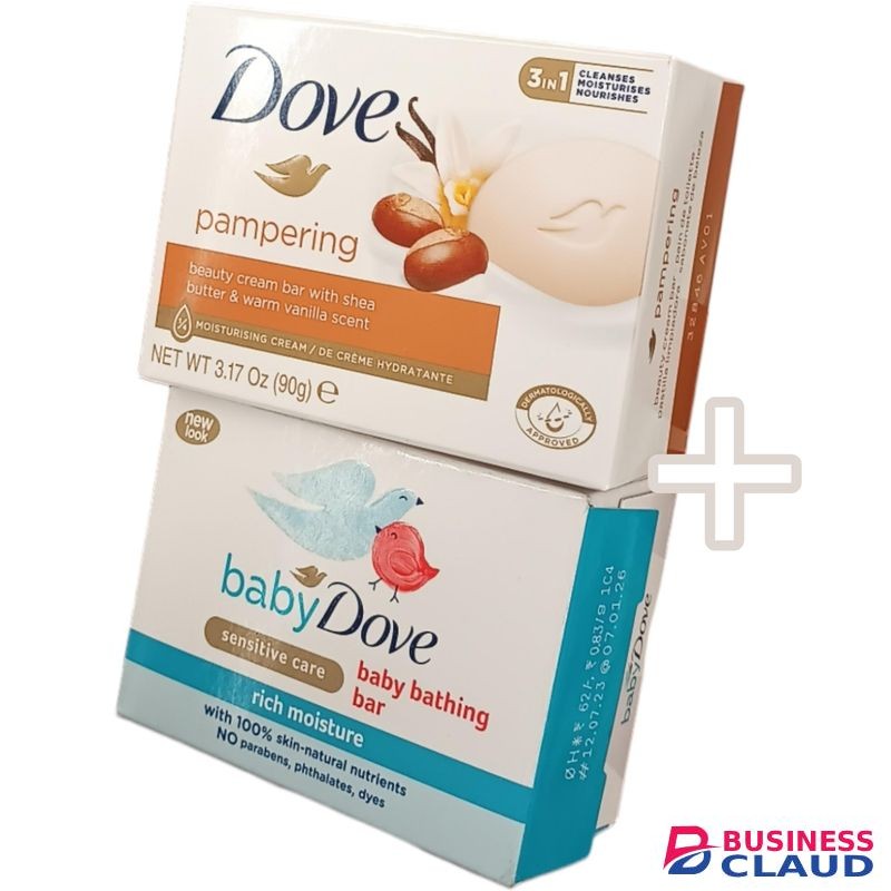 Dove PAMPERING Beauty Cream Bar With Shea Butter & Warm Vanilla Scent + BABY BATHING BAR Sensitive Care RICH MOISTURE NOURISHING jm