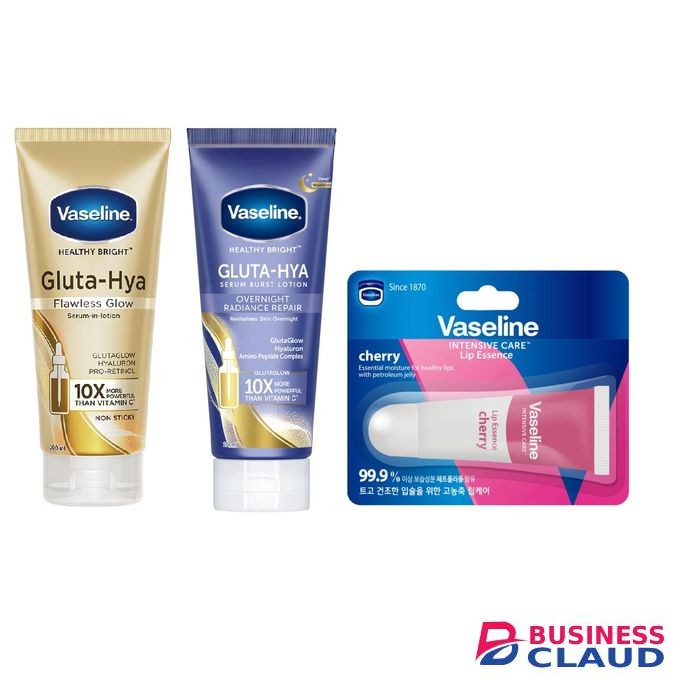 Vaseline 3-in-1 skincare set: Day & Night Gluta Hya Lotions and Lip Cherry Essence