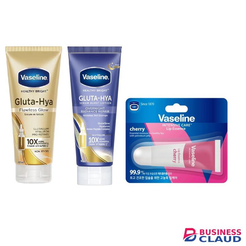 Vaseline 3-in-1 skincare set: Day & Night Gluta Hya Lotions and Lip Cherry Essence