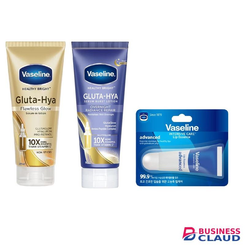 Vaseline 3-in-1 skincare set: Day & Night Gluta Hya Lotions and Lip Advanced Essence