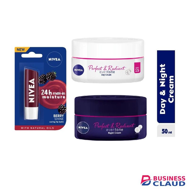 Nivea Perfect & Radiant Even Tone 3 in 1: Lip Balm Blackberry Shine 4.8g, Day Cream 50ml and Night Cream 50ml