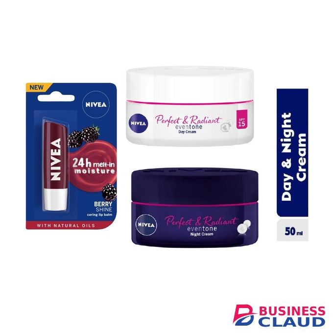 Nivea Perfect & Radiant Even Tone 3 in 1: Lip Balm Blackberry Shine 4.8g, Day Cream 50ml and Night Cream 50ml