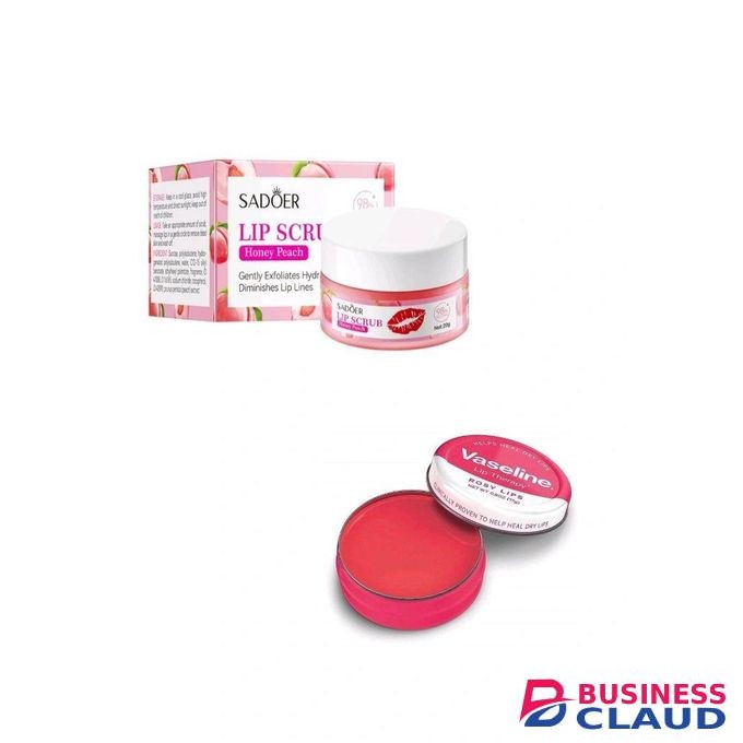 Vaseline 2 in 1 LIPCARE ESSENTIALS: Rosy Lip Balm Therapy + Sadoer Honey Peach Exfoliating Lip Scrub
