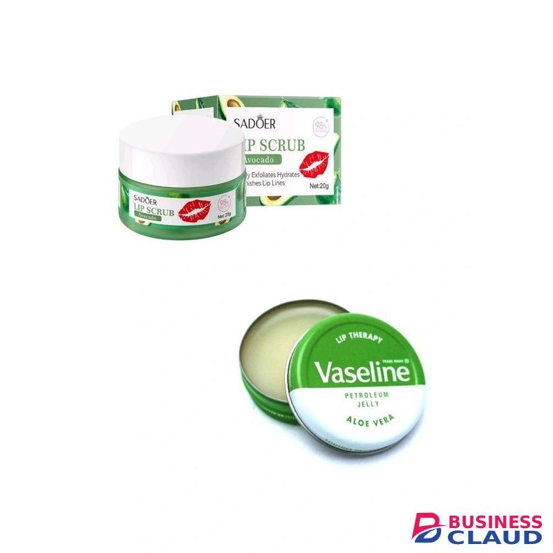 Vaseline 2 in 1 LIPCARE ESSENTIALS: Aloe Lip Therapy Balm + Sadoer Avocado Gentle Exfoliating Lip Scrub