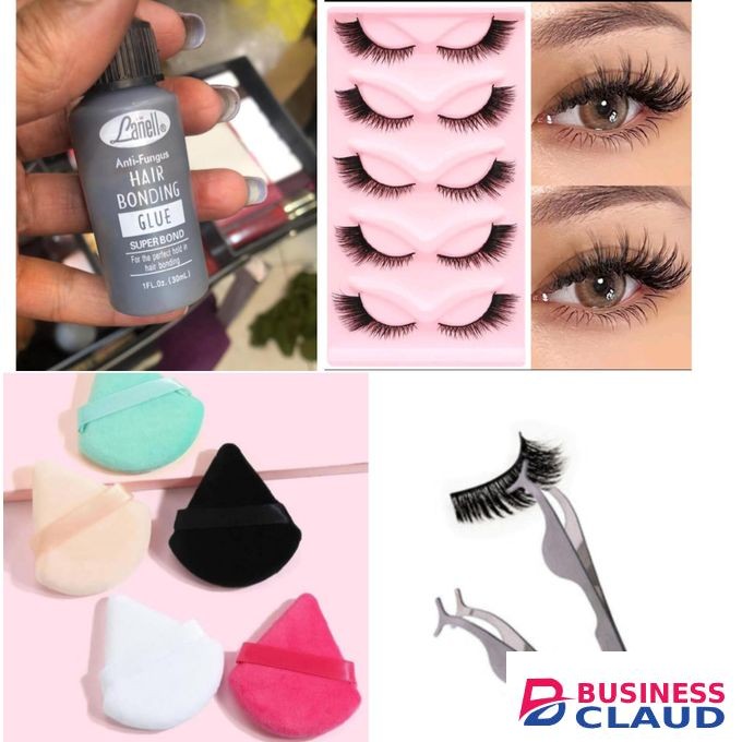 5pcs Eyelashes, powder puff, Lash applicator, Lash glue