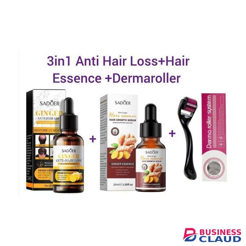 3 in 1, Ginger Hair Essence Hair Growth Serum + Ginger Anti Hair Loss + DERMAROLLER Treatment Essence Hair Growth Ginger Extract Beard Growth,Hair Growth, Anti Dandruffs Hair Moisturizing Hair Care Serum, Derma Roller Compliment In Anti Hair Loss