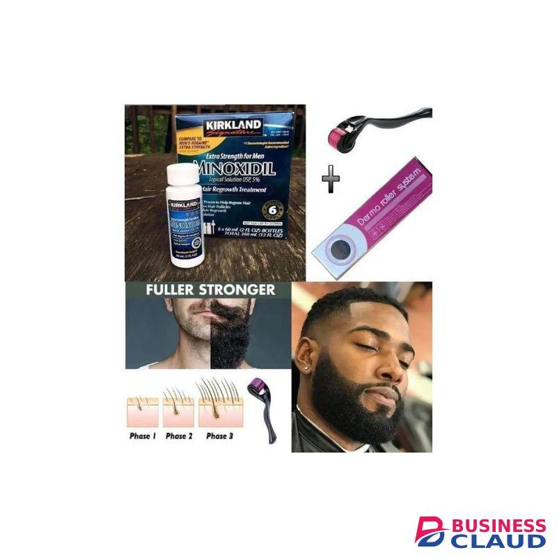 Kirkland MINOXIDIL 5% + FREE 0.5MM DERMA ROLLER ,HAIR GROWTH/BEARD KIT FOR,HAIR LOSS, HAIR THINNING,HAIR GROWTH,BALDING,HAIRLINE,GET RID OF BEARD PATCHES,GET THICK FULL BEARDS ,FASTER RESULTS